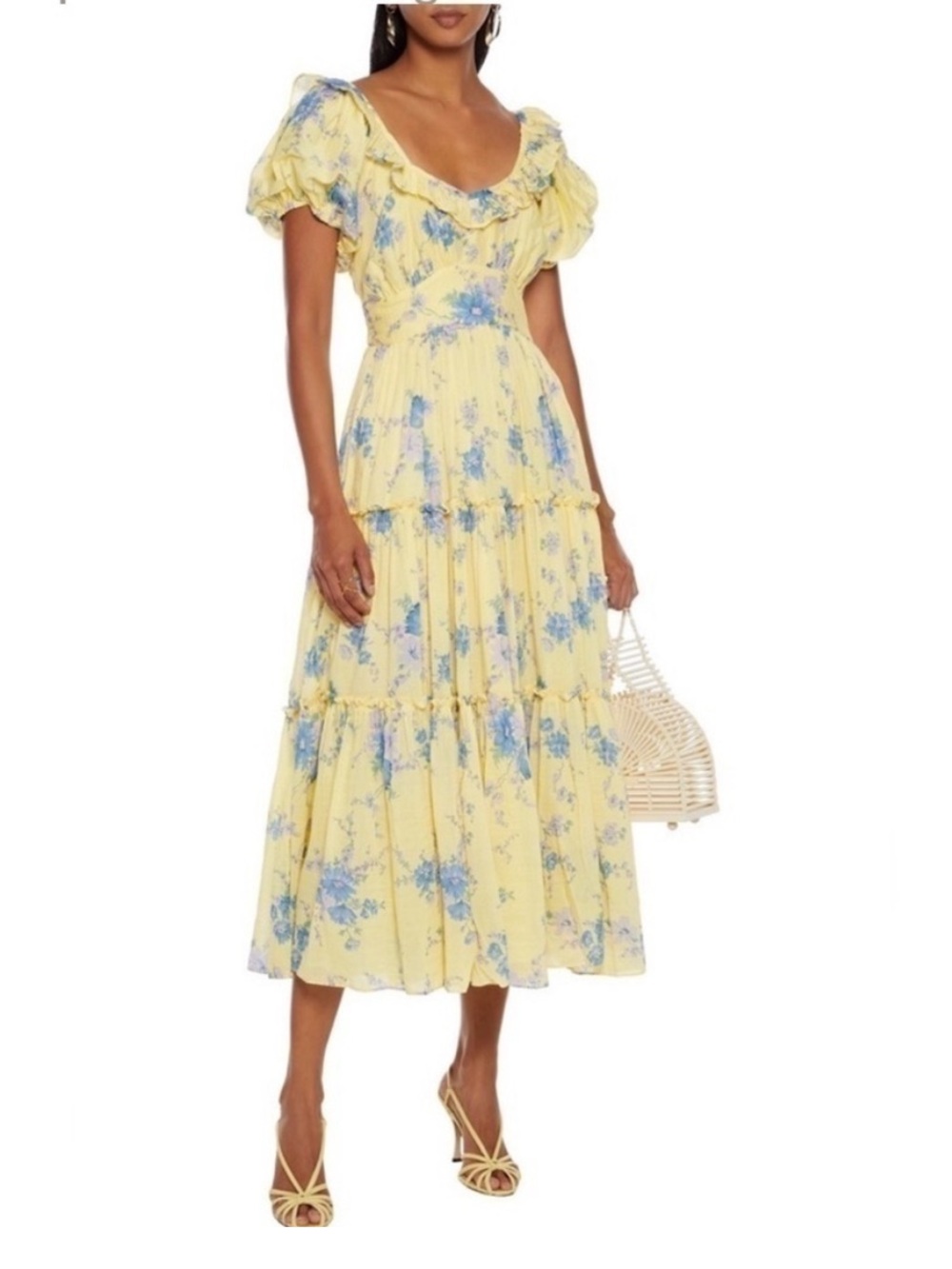 LoveShackFancy Dress Emory Midi in Yellow Blue Floral